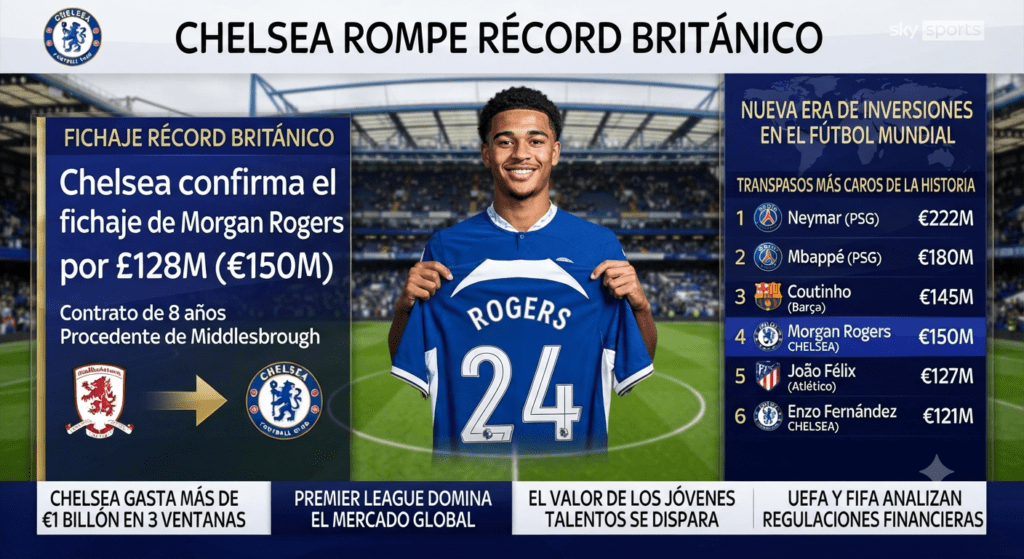 Chelsea rompe récord británico con fichaje de Morgan Rogers y el fútbol mundial vive una nueva era de inversiones