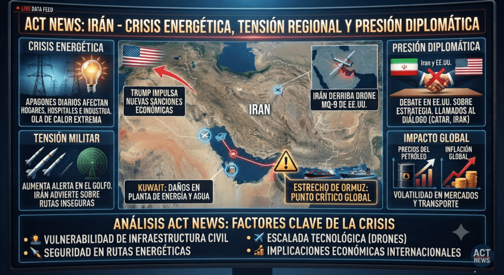Irán enfrenta apagones, tensión regional y presión diplomática mientras aumenta la crisis energética y de seguridad.