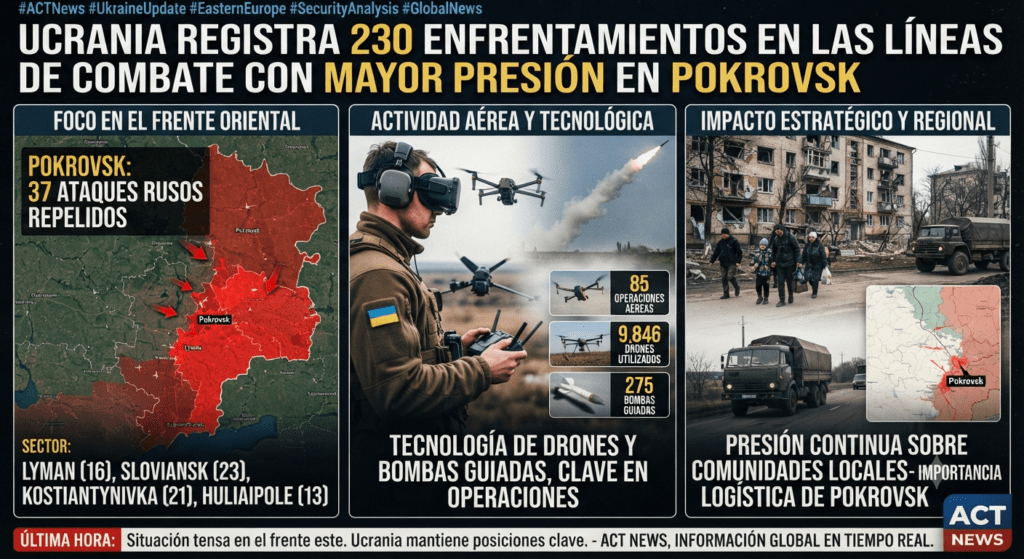 Ucrania registra 230 enfrentamientos en las líneas de combate con mayor presión en Pokrovsk