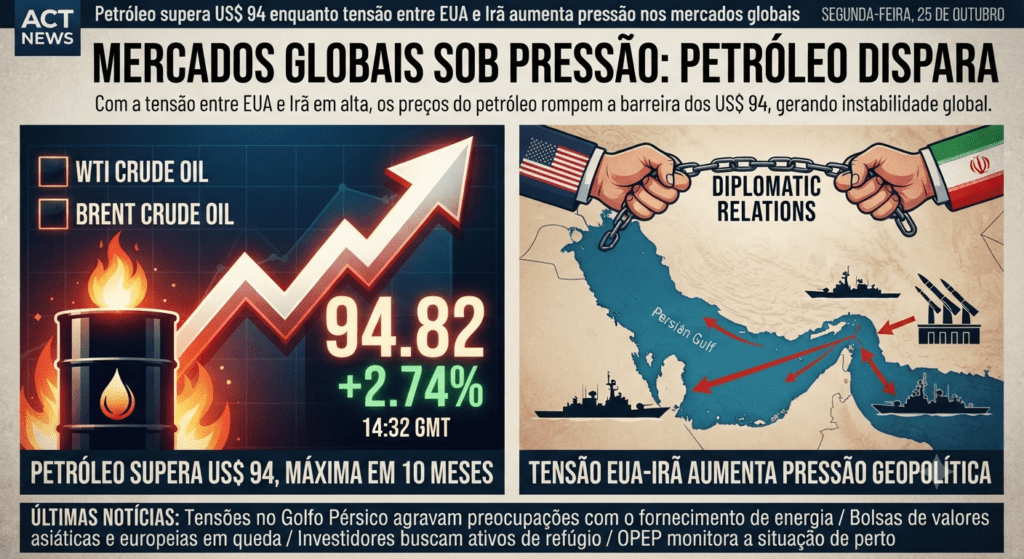 Petróleo supera US$ 94 enquanto tensão entre EUA e Irã aumenta pressão nos mercados globais