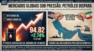 Petróleo supera US$ 94 enquanto tensão entre EUA e Irã aumenta pressão nos mercados globais.